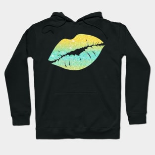 Bright Teal Yellow Ombre Faux Glitter Lips Hoodie